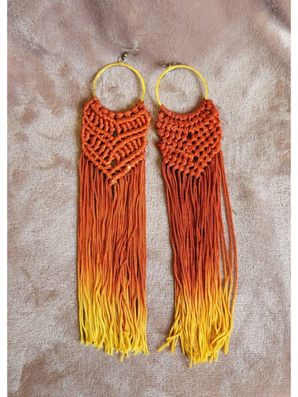 Handmade Crochet Braided Orange Yellow Fall Autumn Long Dangle Hoop Earrings E1
